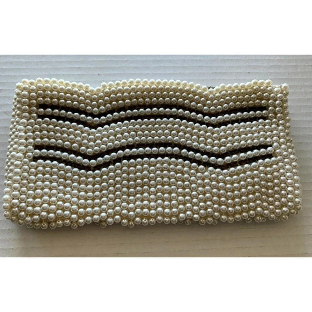 Lovely Vintage Clutch Purse Faux Pearl Art Deco Scallop Edge Zip Made in Japan